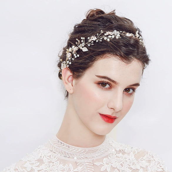 Women's Handmade Pearl Flower Headband Alloy Bridal Hair Accessory Elegant Wedding Headdress For Brides