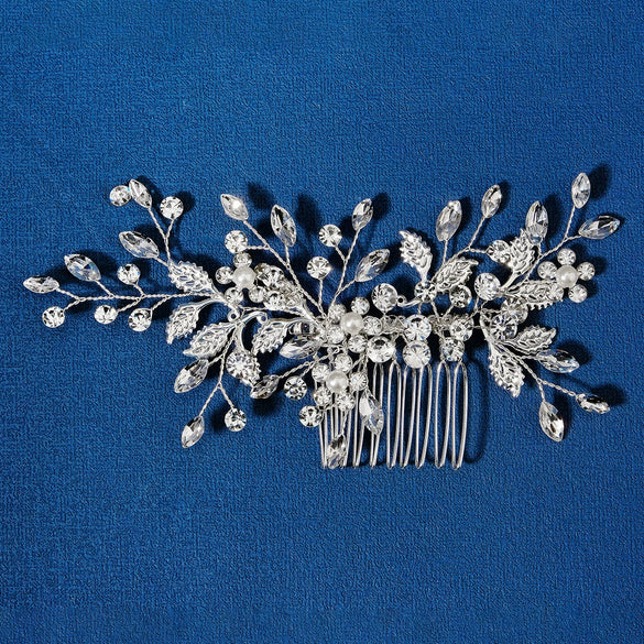 Women's Handmade Pearl Rhinestone Comb With Leaves Pattern For Wedding Dress Hair Accessories