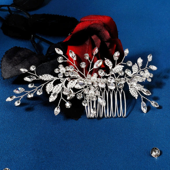 Women's Handmade Pearl Rhinestone Comb With Leaves Pattern For Wedding Dress Hair Accessories