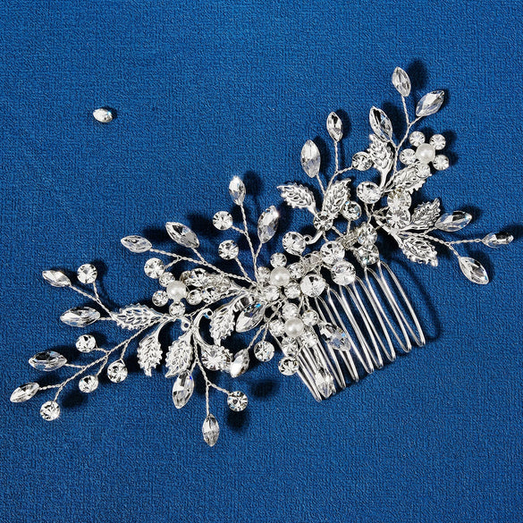 Women's Handmade Pearl Rhinestone Comb With Leaves Pattern For Wedding Dress Hair Accessories