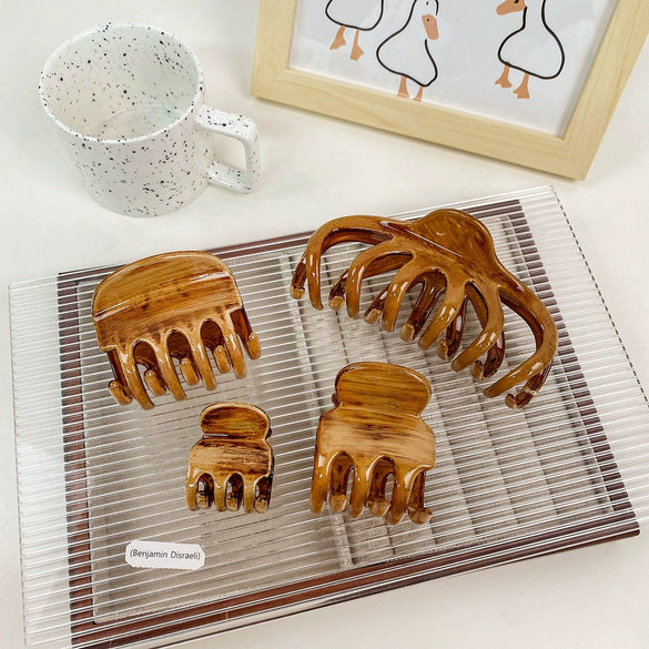 Women's Handmade Plastic Resin Hair Clip Lazy Elegant Wood Grain Giant Disc Long Teeth Hair Accessories