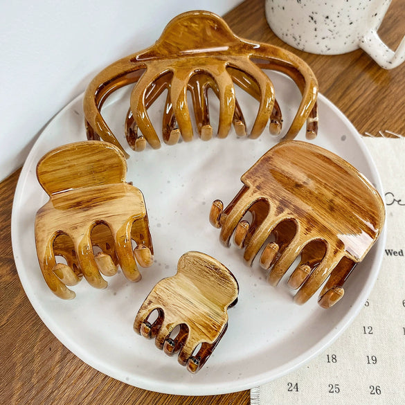 Women's Handmade Plastic Resin Hair Clip Lazy Elegant Wood Grain Giant Disc Long Teeth Hair Accessories