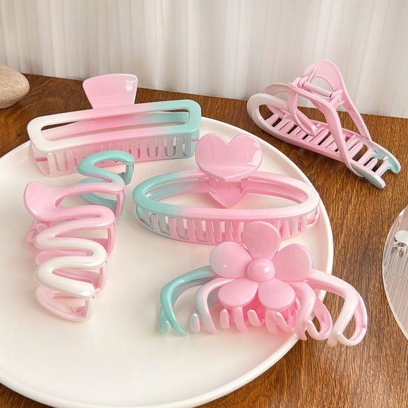 Women's Handmade Plastic Resin Pink Green Gradient Hair Clip Shark Clip