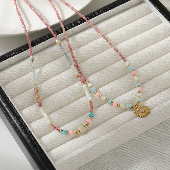 Women's Handmade Redstone Shell Stainless Steel Geometric Beaded Summer Clavicle Necklace