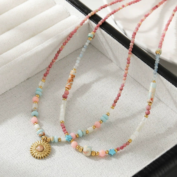 Women's Handmade Redstone Shell Stainless Steel Geometric Beaded Summer Clavicle Necklace