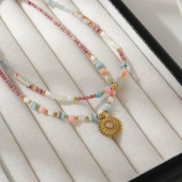 Women's Handmade Redstone Shell Stainless Steel Geometric Beaded Summer Clavicle Necklace