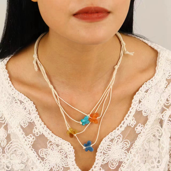 Women's Handmade Resin Flower Pendant Rope Chain Necklace Retro Simple Fashion