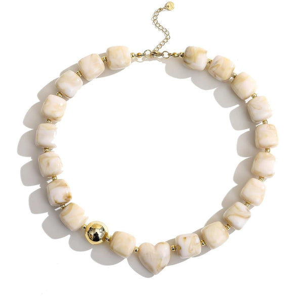 Women's Handmade Resin Heart Pendant Beaded Necklace With Contrasting Color Geometric Beads Exaggerated Statement Jewelry