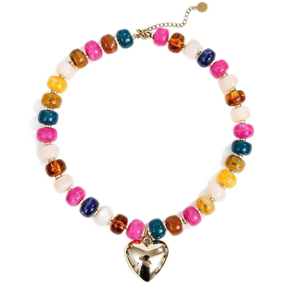 Women's Handmade Resin Heart Pendant Beaded Necklace With Contrasting Color Geometric Beads Exaggerated Statement Jewelry