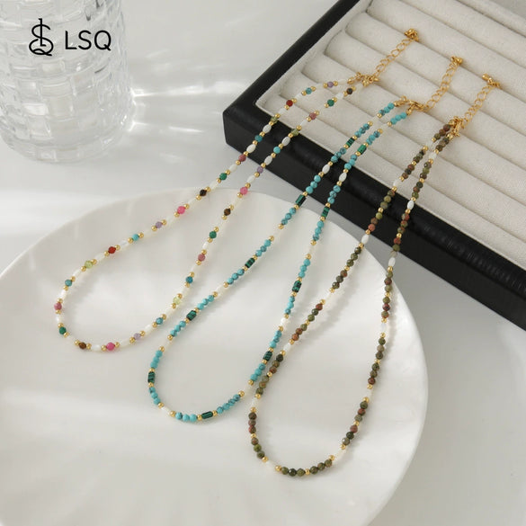 Women's Handmade Retro Natural Optimized Blue Pine Maliteite Geometric Beaded Clavicle Necklace