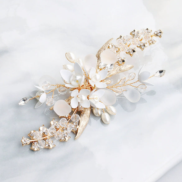 Women's Handmade Rhinestone Pearl Hairpin Frosted Crystal Flower Side Clip Hair Accessory