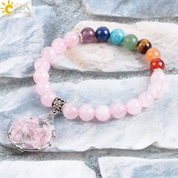 Women's Handmade Rose Quartz Beaded Bracelet With Tree Of Life Pendant Natural Stone And Copper Electroplated Jewelry