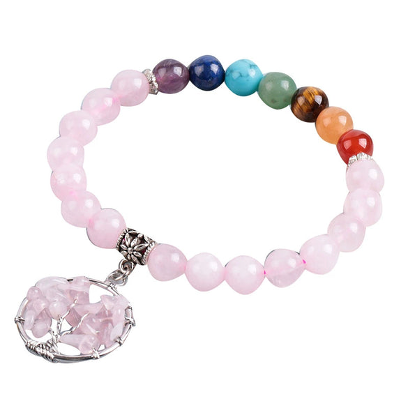 Women's Handmade Rose Quartz Beaded Bracelet With Tree Of Life Pendant Natural Stone And Copper Electroplated Jewelry