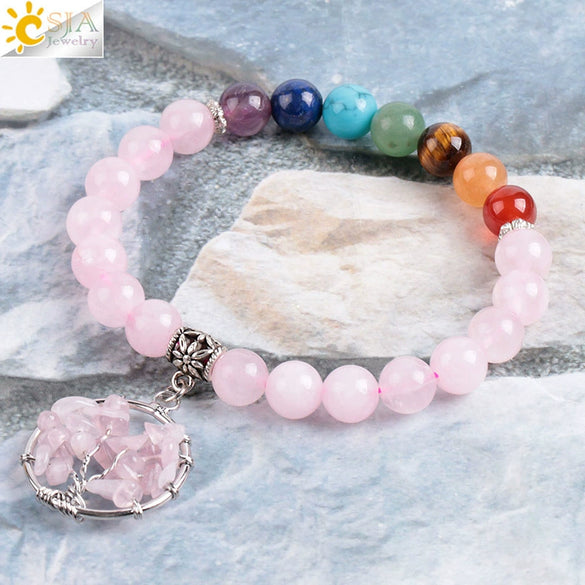 Women's Handmade Rose Quartz Beaded Bracelet With Tree Of Life Pendant Natural Stone And Copper Electroplated Jewelry