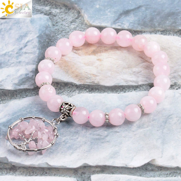 Women's Handmade Rose Quartz Beaded Bracelet With Tree Of Life Pendant Natural Stone And Copper Electroplated Jewelry