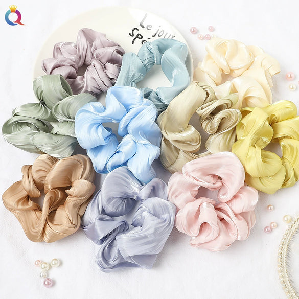 Women's Handmade Satin Scrunchie Hair Tie Ruffled Hair Band Soft Cloth Hair Accessory
