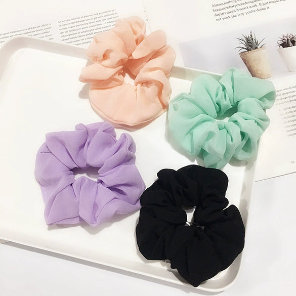 Women's Handmade Solid Color Chiffon Fabric Scrunchie Hair Tie Soft Hair Ring Accessory