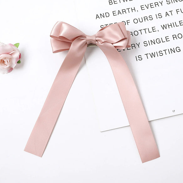 Women's Handmade Solid Color Doublesided Satin Ribbon Bow Hair Clip With Long Ribbon And Spring Top Clip