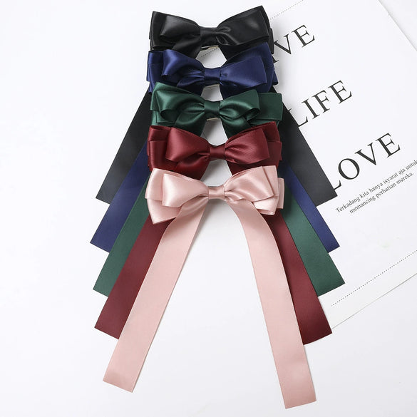 Women's Handmade Solid Color Doublesided Satin Ribbon Bow Hair Clip With Long Ribbon And Spring Top Clip
