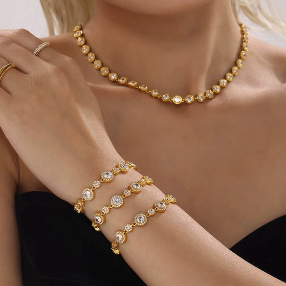 Women's Handmade 316L Stainless Steel Zircon Bracelet With Geometric Pattern Inlaid Gypsophila Pvd Plated 18K Real Gold