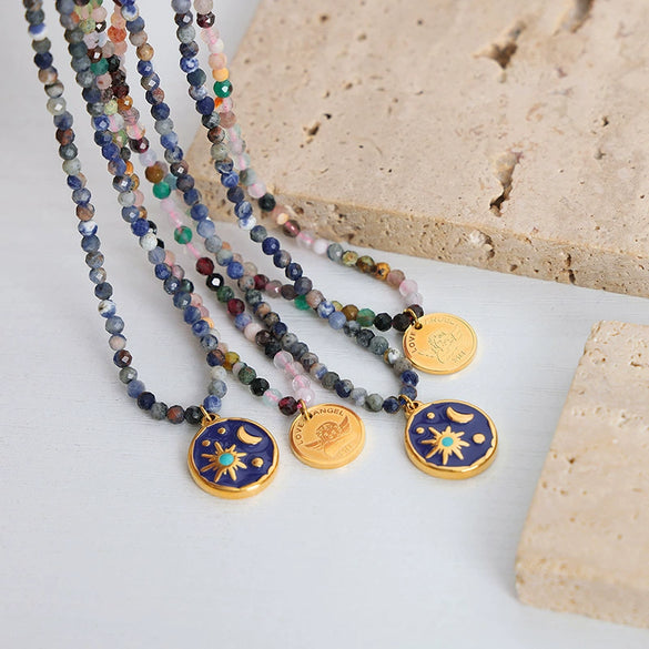 Women's Handmade 316L Stainless Steel Pendant Jewelry With Blue Starry Sky Glaze And Natural Stone Geometric Pattern Electroplated