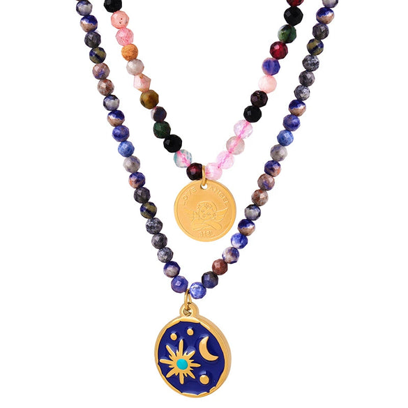 Women's Handmade 316L Stainless Steel Pendant Jewelry With Blue Starry Sky Glaze And Natural Stone Geometric Pattern Electroplated