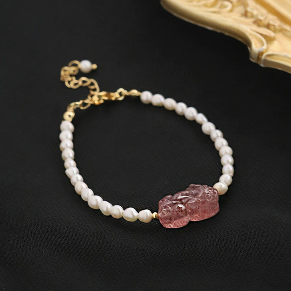 Women's Handmade Tourmaline Strawberry Crystal Pixiu Freshwater Pearl Bracelet Fashion With Animal Zodiac Style