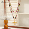 Women's Handmade Tourmaline Tiger Eye Stone Stainless Steel Geometric Beaded Necklace With Copper Pendant And Ball Bead Chain