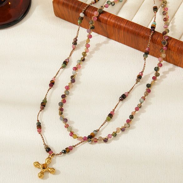 Women's Handmade Tourmaline Tiger Eye Stone Stainless Steel Geometric Beaded Necklace With Copper Pendant And Ball Bead Chain
