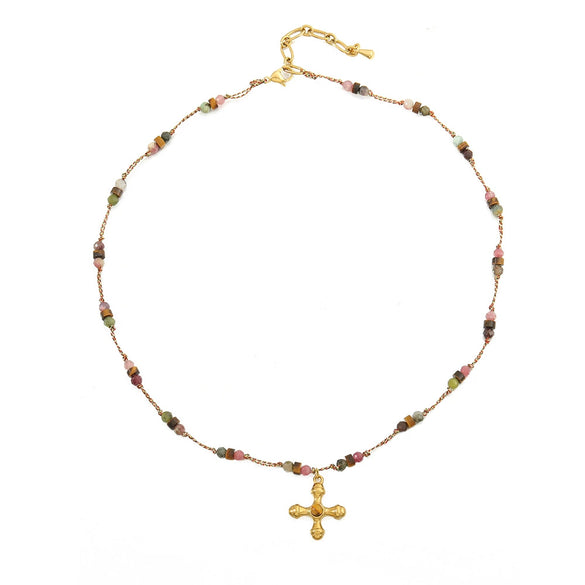 Women's Handmade Tourmaline Tiger Eye Stone Stainless Steel Geometric Beaded Necklace With Copper Pendant And Ball Bead Chain