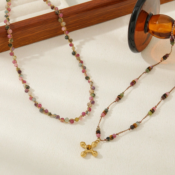 Women's Handmade Tourmaline Tiger Eye Stone Stainless Steel Geometric Beaded Necklace With Copper Pendant And Ball Bead Chain