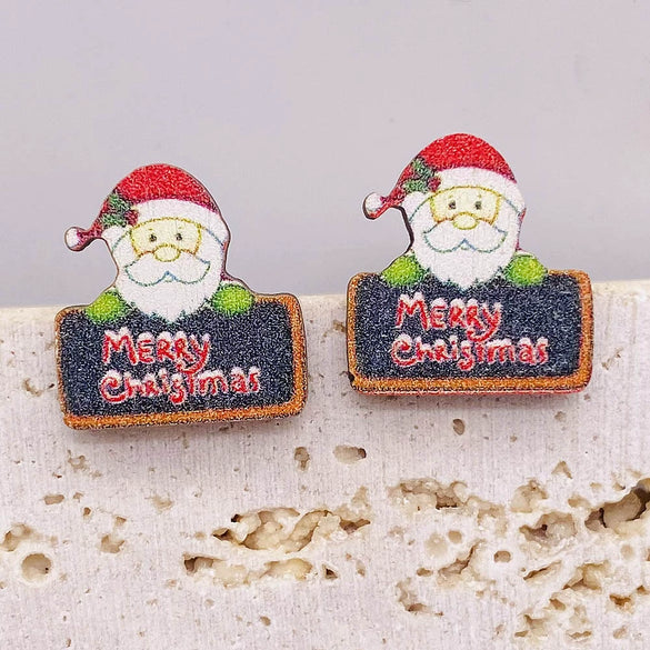 Women's Handmade Wooden Christmas Earrings With Elk Christmas Tree Snowman Santa Claus Cartoon Characters Ushaped Geometric Animal Zodiac Patterns