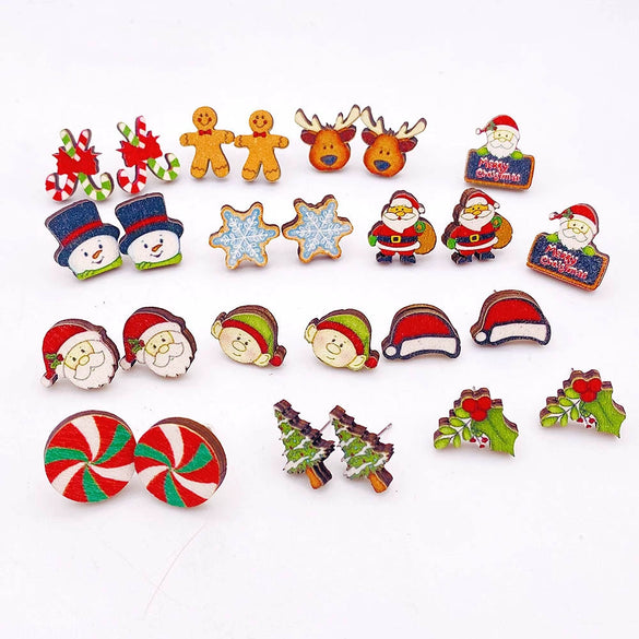 Women's Handmade Wooden Christmas Earrings With Elk Christmas Tree Snowman Santa Claus Cartoon Characters Ushaped Geometric Animal Zodiac Patterns