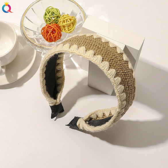 Women's Handmade Wool And Hemp Knitted Wide Edge Cross Knot Headband Woven Hair Accessory