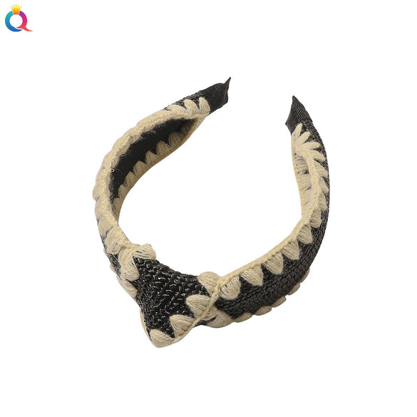 Women's Handmade Wool And Hemp Knitted Wide Edge Cross Knot Headband Woven Hair Accessory