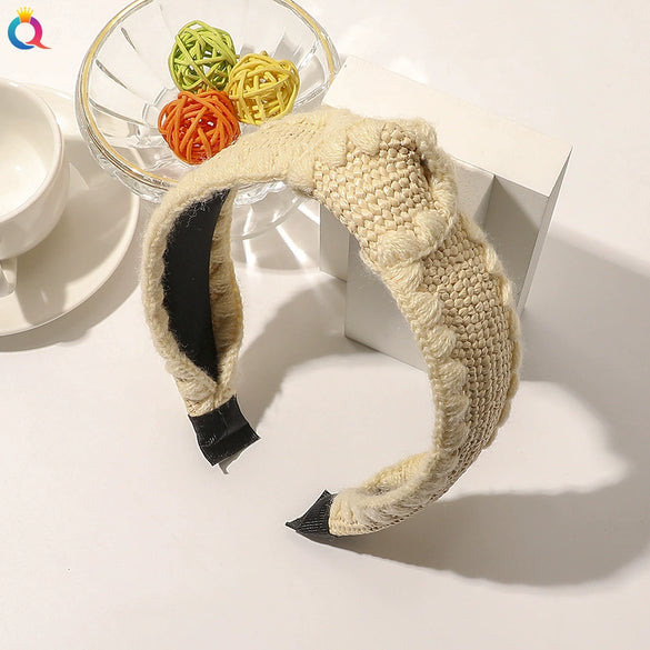 Women's Handmade Wool And Hemp Knitted Wide Edge Cross Knot Headband Woven Hair Accessory