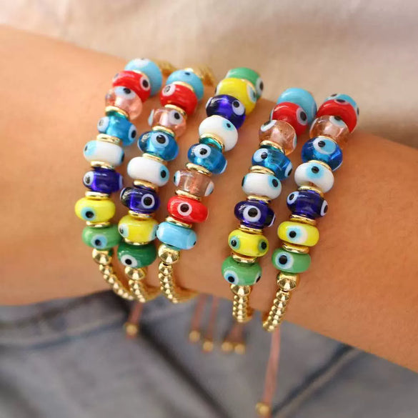 Women's Handwoven Adjustable Bracelet With Colorful Glass And Copper Beads Gold Plated Geometric Pattern