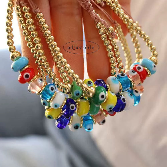 Women's Handwoven Adjustable Bracelet With Colorful Glass And Copper Beads Gold Plated Geometric Pattern