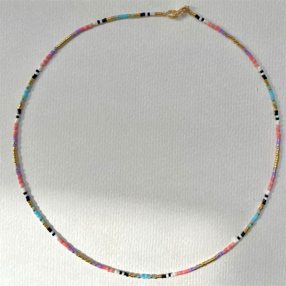 Women's Handwoven Glass And Glaze Geometry Pattern Organic Glass Pendant Necklace