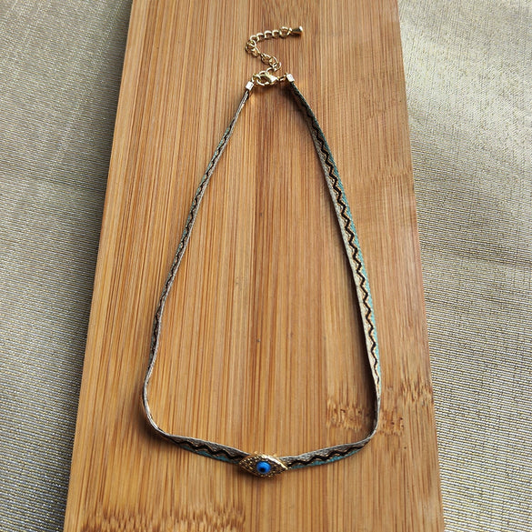 Women's Handwoven Metal And Organic Glass Geometric Ball Chain Evil Eye Necklace