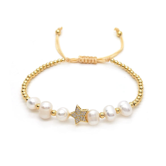 Women's Handwoven Natural Pearl And Copper Gold Plated Beaded Bracelet With Geometric Design