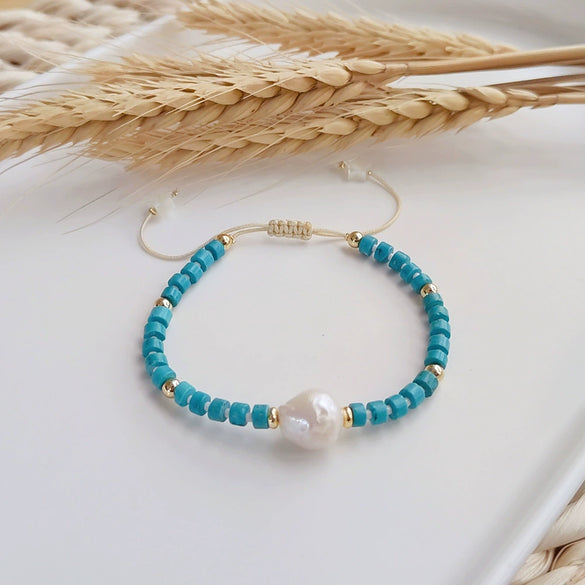 Women's Handwoven Turquoise Geometric Natural Pearl Bracelet