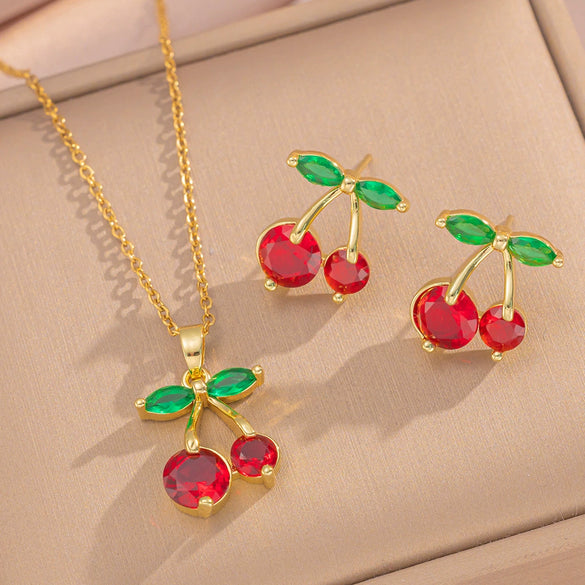 Women's Heart Cherry Necklace Set In Titanium Steel With Electroplating And Mixed Gemstone Setting
