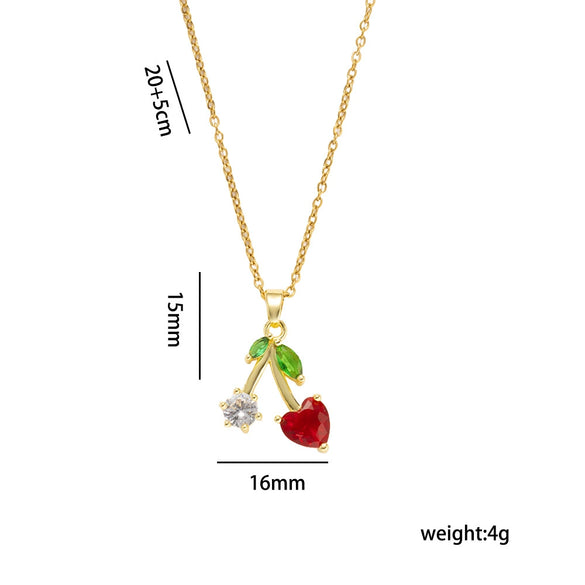 Women's Heart Cherry Necklace Set With Mixed Gemstone Setting And Titanium Steel O Word Chain Set With Diamonds Light Luxury Niche Style Electroplated In Vacuum Furnace