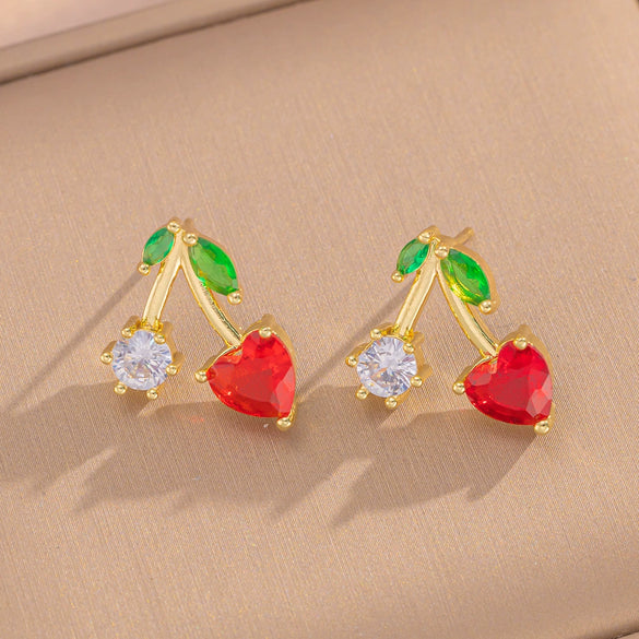 Women's Heart Cherry Necklace Set With Mixed Gemstone Setting And Titanium Steel O Word Chain Set With Diamonds Light Luxury Niche Style Electroplated In Vacuum Furnace