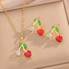 Women's Heart Cherry Necklace Set With Mixed Gemstone Setting And Titanium Steel O Word Chain Set With Diamonds Light Luxury Niche Style Electroplated In Vacuum Furnace