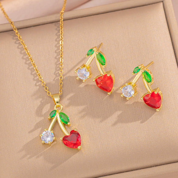 Women's Heart Cherry Necklace Set With Mixed Gemstone Setting And Titanium Steel O Word Chain Set With Diamonds Light Luxury Niche Style Electroplated In Vacuum Furnace