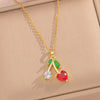 Women's Heart Cherry Necklace Set With Mixed Gemstone Setting And Titanium Steel O Word Chain Set With Diamonds Light Luxury Niche Style Electroplated In Vacuum Furnace
