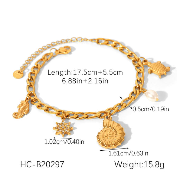 Women's Heart Fruit Animal Zodiac Stainless Steel Diy Pendant Bracelet With Electroplating And Conch Turtle Figaro Chain