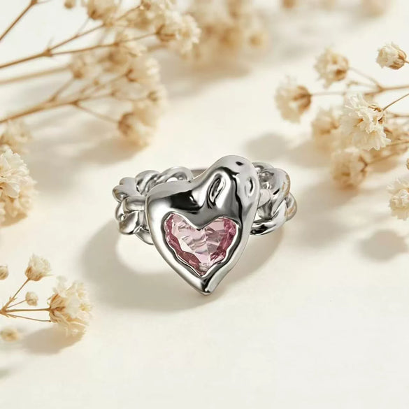 Women's Heart Shaped Copper Open Ring With Pink Zircon Inlay Electroplated Niche Style Gemstone Ring Sweet And Cool Unique Design